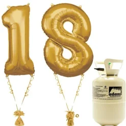 Party Delights Age 18 Gold Foil Kit With Helium, Ribbon And Weights< Number Balloons