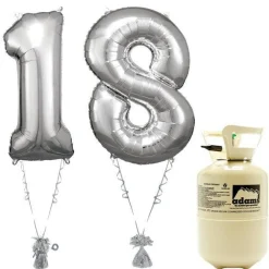 Party Delights Age 18 Silver Foil Kit With Helium, Ribbon And Weights< Number Balloons