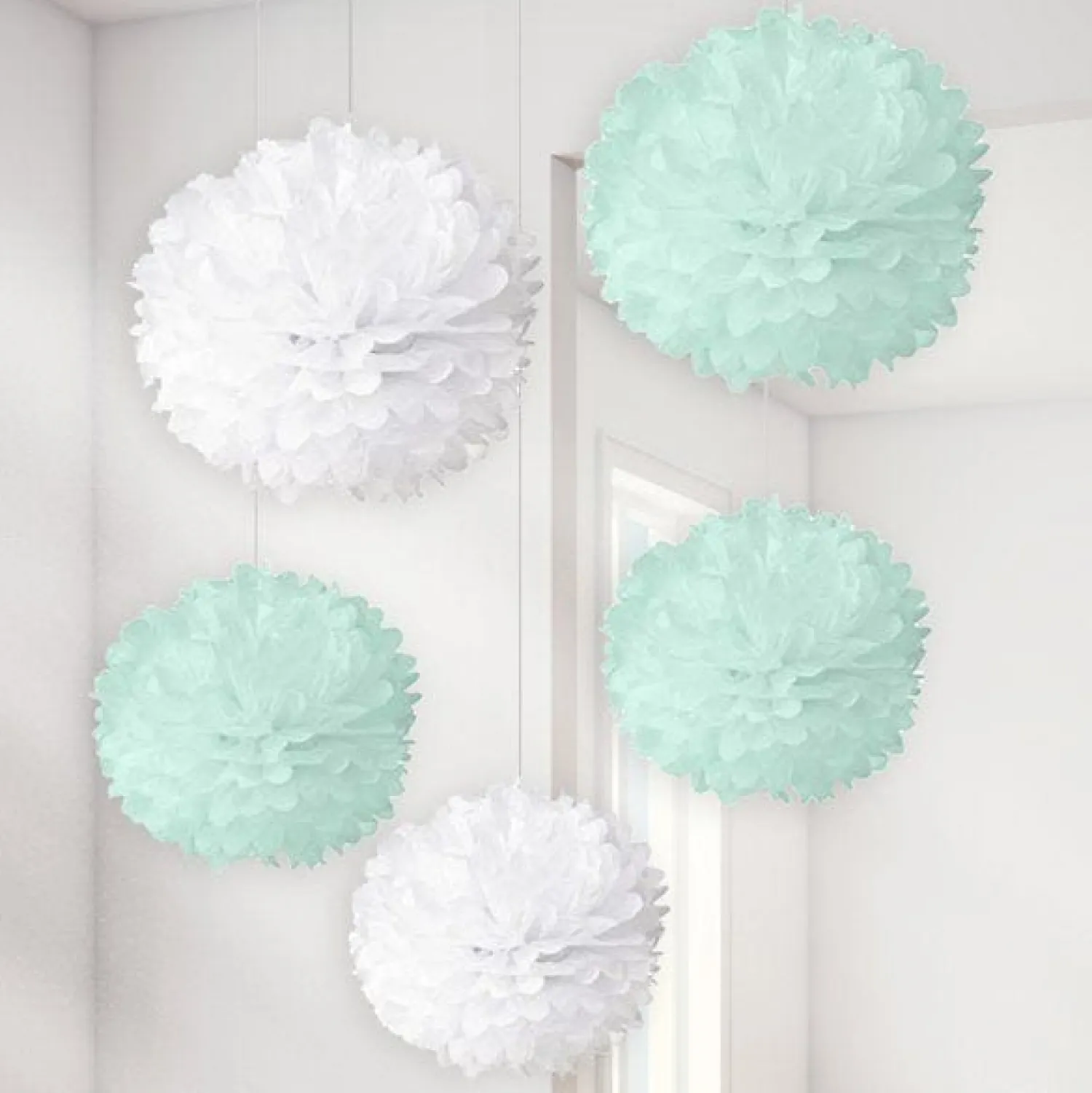 Party Delights Baby Wishes White & Mint Pom Poms (5Pk)< Hanging Decorations