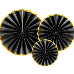Party Delights Black & Gold Paper Fans (3Pk)< Hanging Decorations