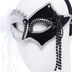 Party Delights Black & White Masquerade Mask With Feathers & Beads< Masks