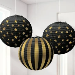 Party Delights Black And Gold Hanging Paper Lanterns (3Pk)< Hanging Decorations