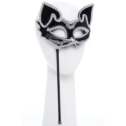 Party Delights Black Cat Masquerade Mask On Stick< Masks