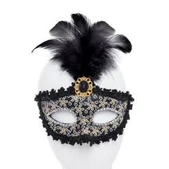 Party Delights Black Glittery Masquerade Mask With Tall Feather & Gem< Masks