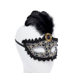 Party Delights Black Glittery Masquerade Mask With Tall Feather & Gem< Masks