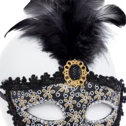 Party Delights Black Glittery Masquerade Mask With Tall Feather & Gem< Masks