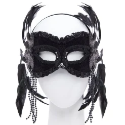 Party Delights Black Masquerade Mask With Feathers & Beads< Masks