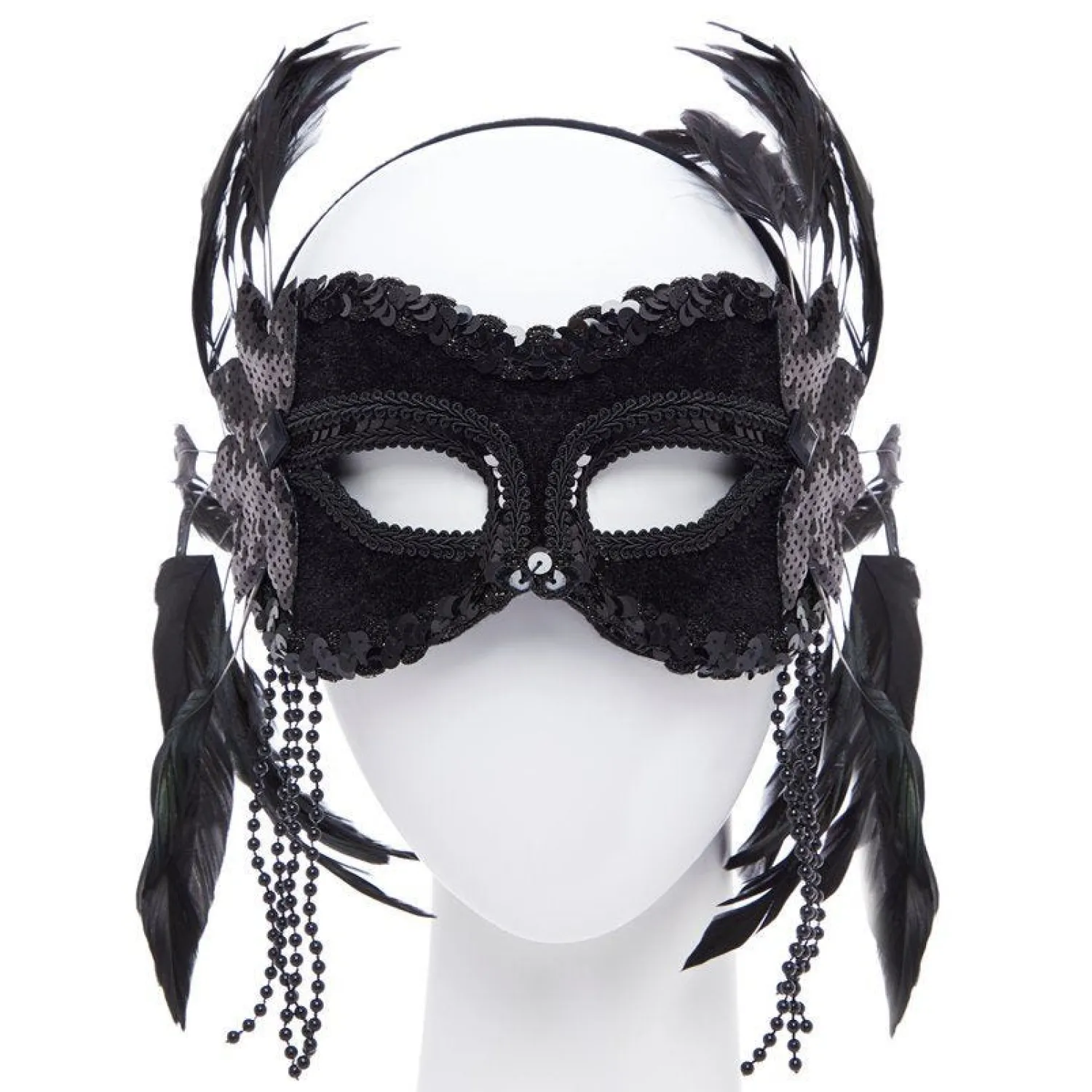 Party Delights Black Masquerade Mask With Feathers & Beads< Masks