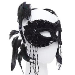 Party Delights Black Masquerade Mask With Feathers & Beads< Masks