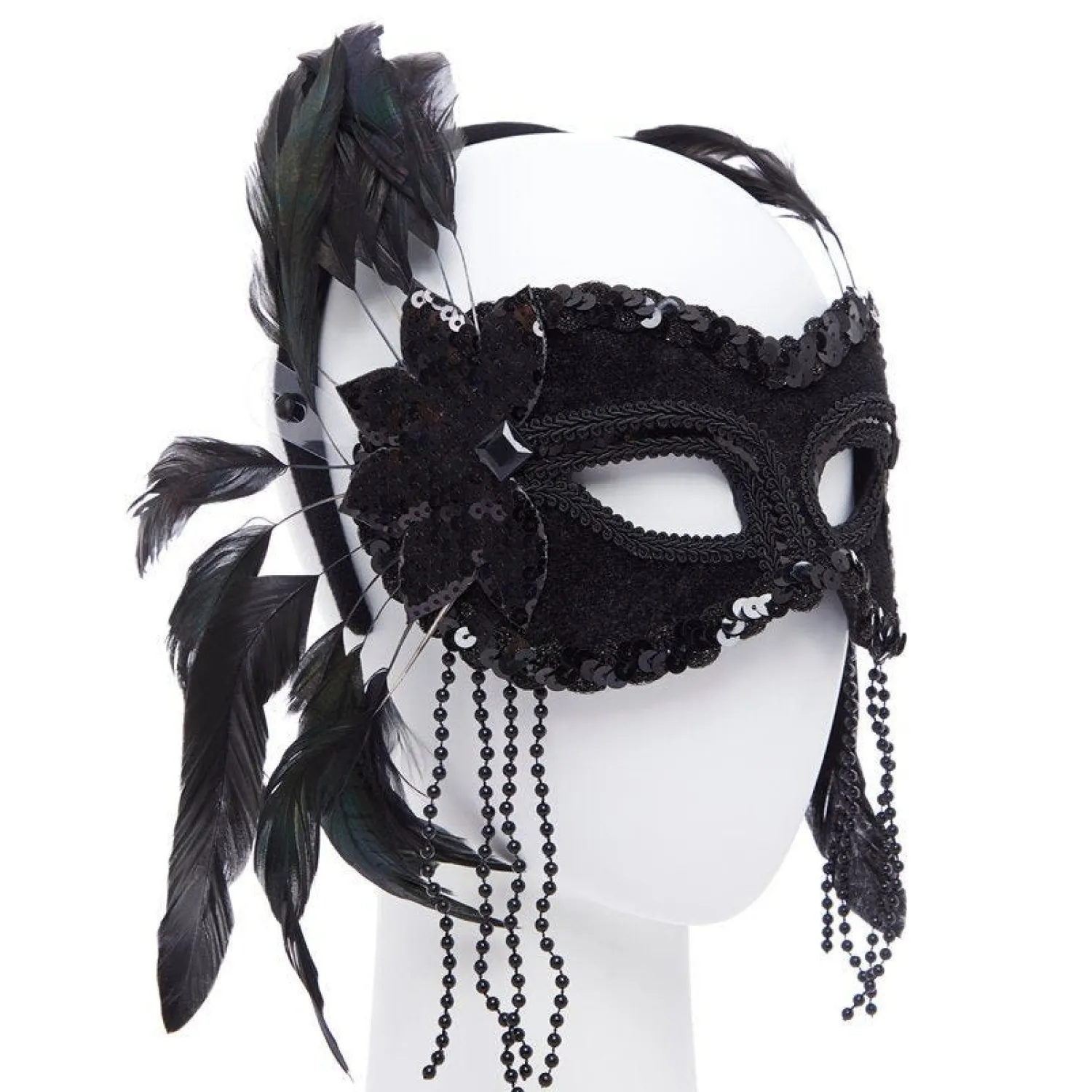 Party Delights Black Masquerade Mask With Feathers & Beads< Masks