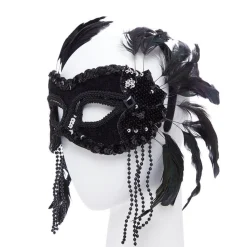 Party Delights Black Masquerade Mask With Feathers & Beads< Masks