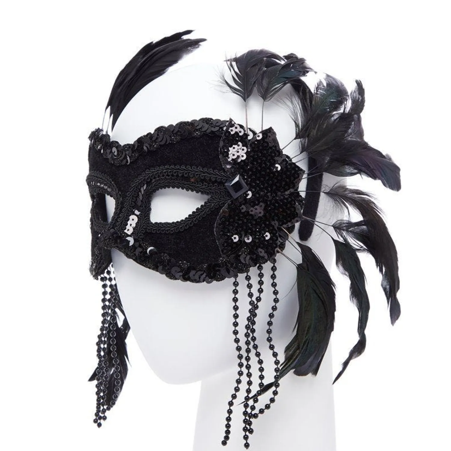 Party Delights Black Masquerade Mask With Feathers & Beads< Masks