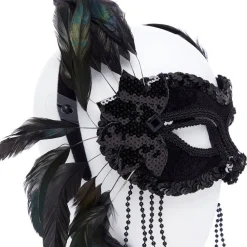 Party Delights Black Masquerade Mask With Feathers & Beads< Masks