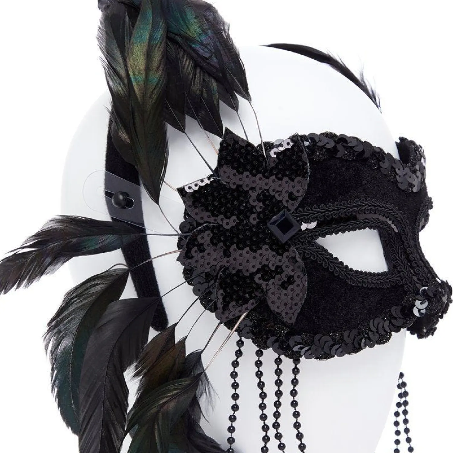 Party Delights Black Masquerade Mask With Feathers & Beads< Masks