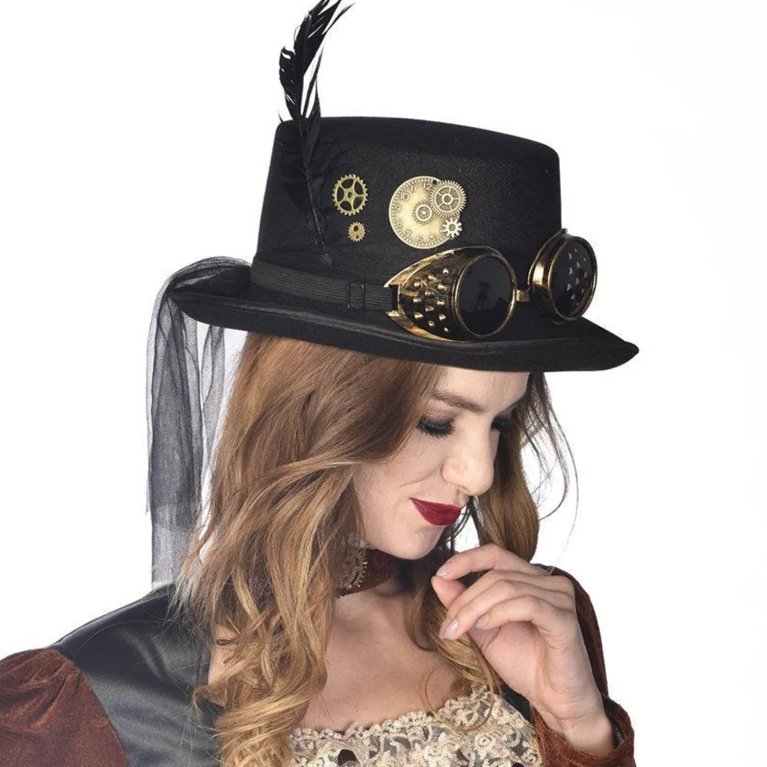 Party Delights Black Steampunk Top Hat With Goggles< Hats & Headwear