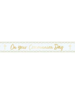 Party Delights Blue Botanical 'On Your Communion Day' Foil Banner - 2.7M< Banners