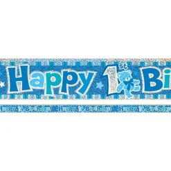 Party Delights Blue 'Happy 1St Birthday' Holographic Foil Banner - 3.7M< Banners
