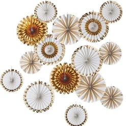 Party Delights Gold & White Paper Fan Decorations (15Pk)< Hanging Decorations