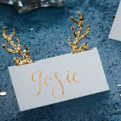Gold Glitter Antler Place Cards (10Pk)<Party Delights Clearance