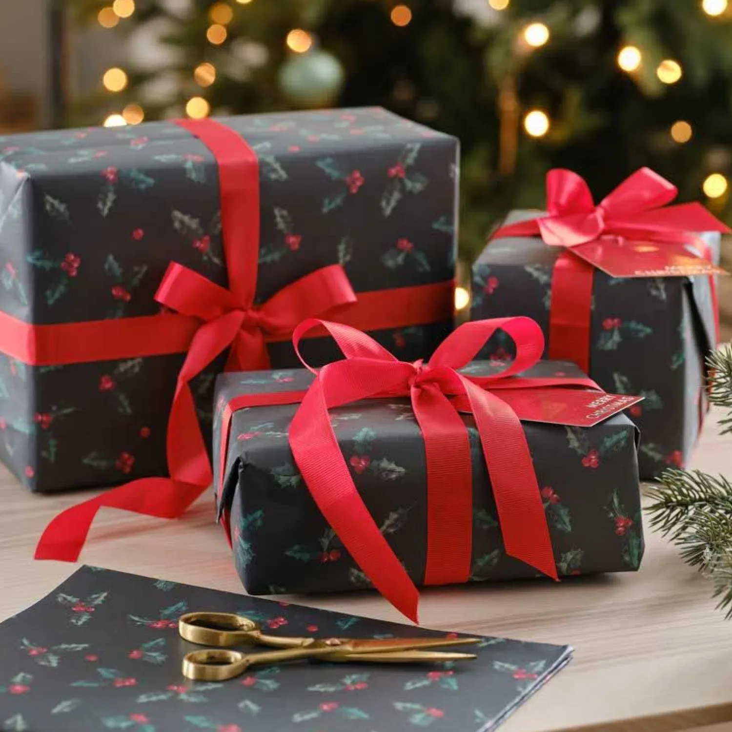 Holly Wrapping Paper With Gift Tags & Ribbon - 2 Sheets (50Cm X 70Cm)<Party Delights Online