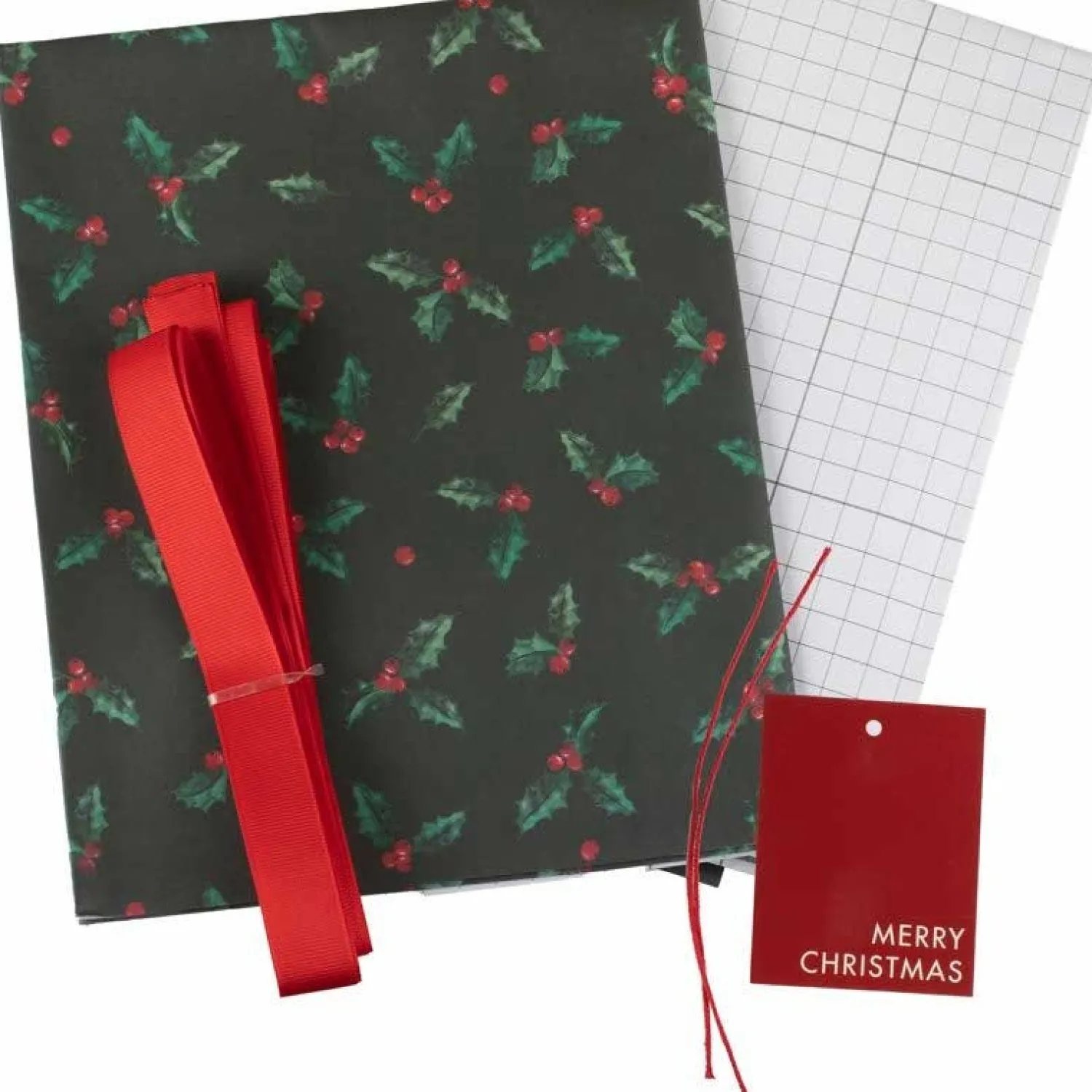 Holly Wrapping Paper With Gift Tags & Ribbon - 2 Sheets (50Cm X 70Cm)<Party Delights Online