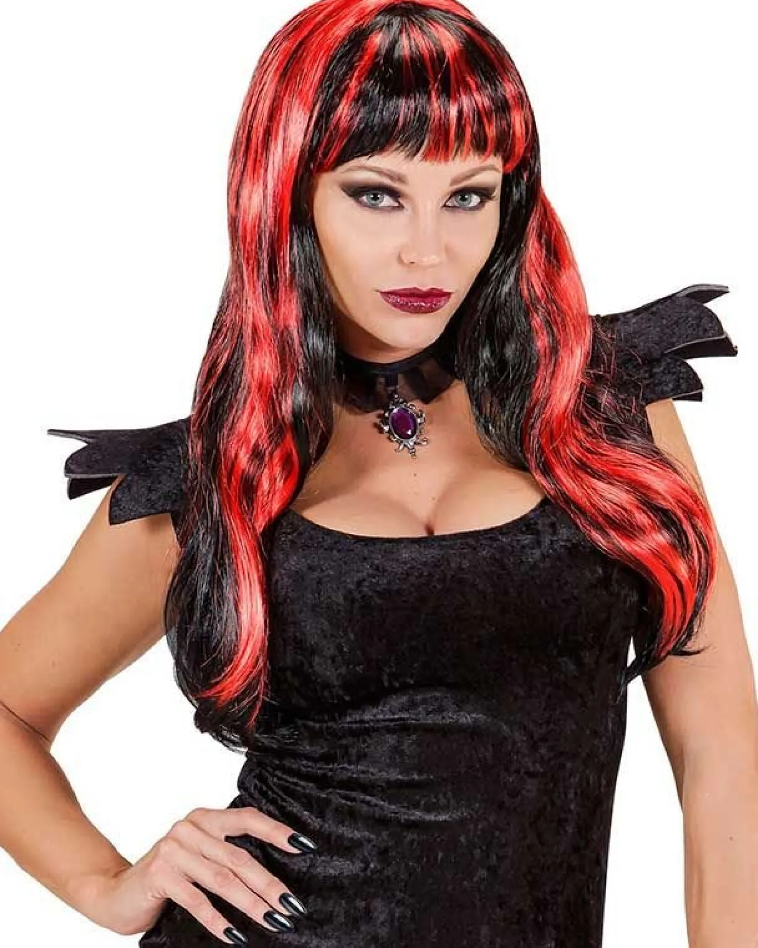 Long Black & Red Wig<Party Delights