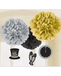Party Delights Metallic New Year's Eve Pom Pom Decorations - 40Cm (3Pk)< Hanging Decorations