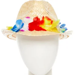Party Delights Natural Straw Hat With Flower Band< Hats & Headwear
