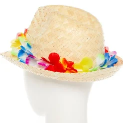 Party Delights Natural Straw Hat With Flower Band< Hats & Headwear