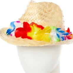 Party Delights Natural Straw Hat With Flower Band< Hats & Headwear