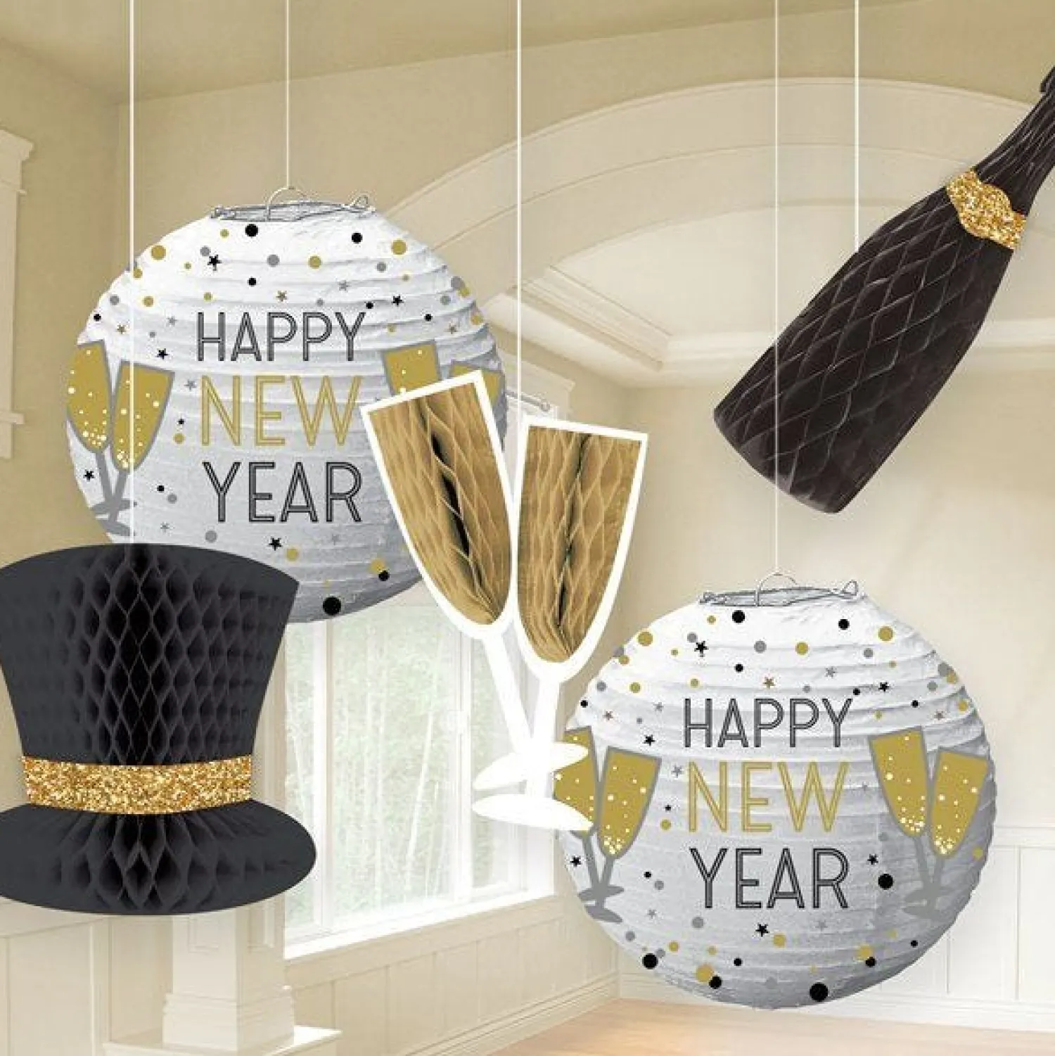 Party Delights New Year's Eve Lanterns & Honeycomb Decorations (5Pk)< Hanging Decorations