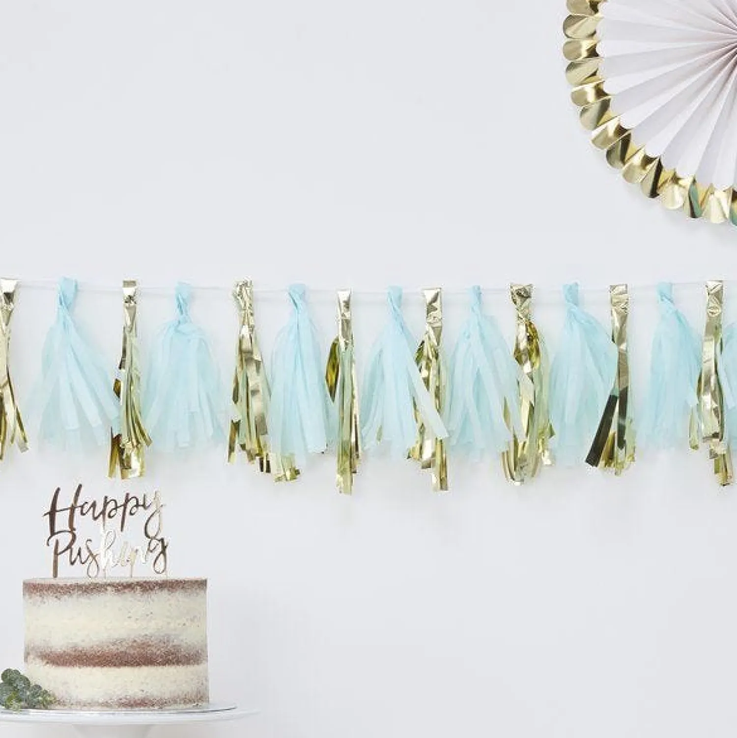 Party Delights Oh Baby Blue & Gold Tassel Garland - 2M (16Pk)< Hanging Decorations
