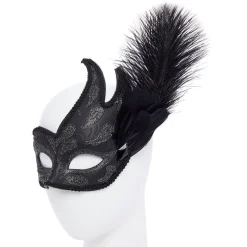Party Delights Ornate Black Masquerade Mask With Feathers< Masks