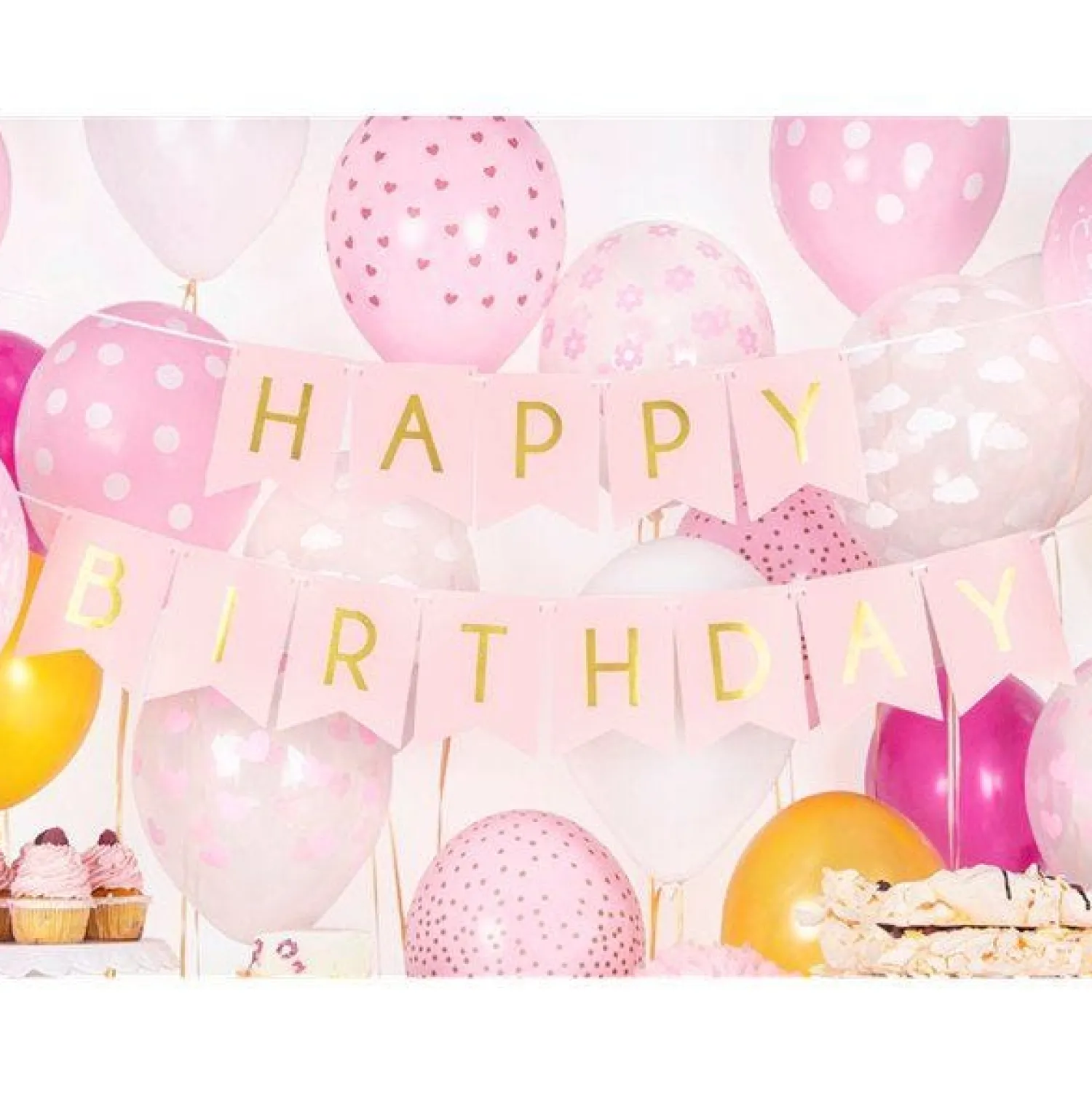 Party Delights Pastel Pink & Gold Happy Birthday Banner - 1.7M< Banners