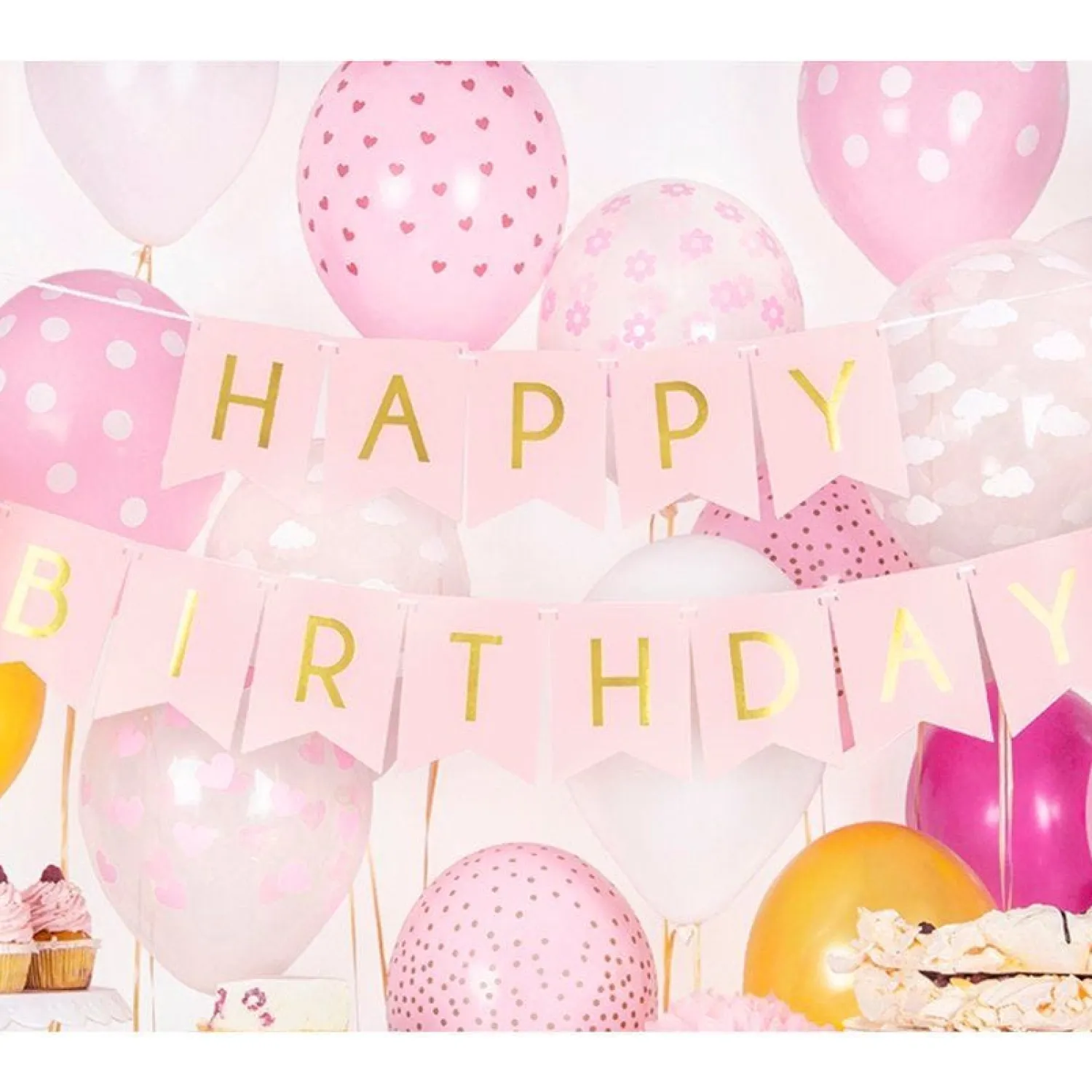 Party Delights Pastel Pink & Gold Happy Birthday Banner - 1.7M< Banners