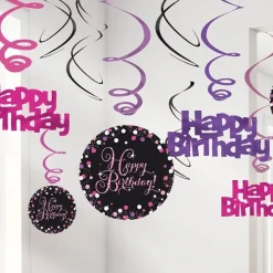 Party Delights Pink Happy Birthday Hanging Swirls - 45Cm (12Pk)< Hanging Decorations