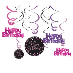 Party Delights Pink Happy Birthday Hanging Swirls - 45Cm (12Pk)< Hanging Decorations
