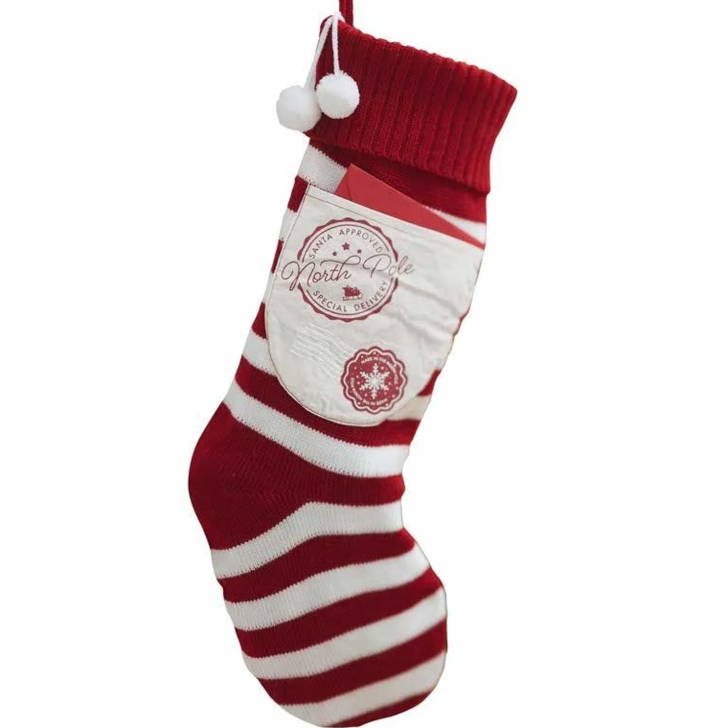 Red & White Knitted Stocking With Pocket - 50Cm<Party Delights Best