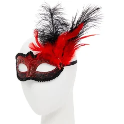 Party Delights Red Masquerade Mask With Glitter & Feathers< Masks