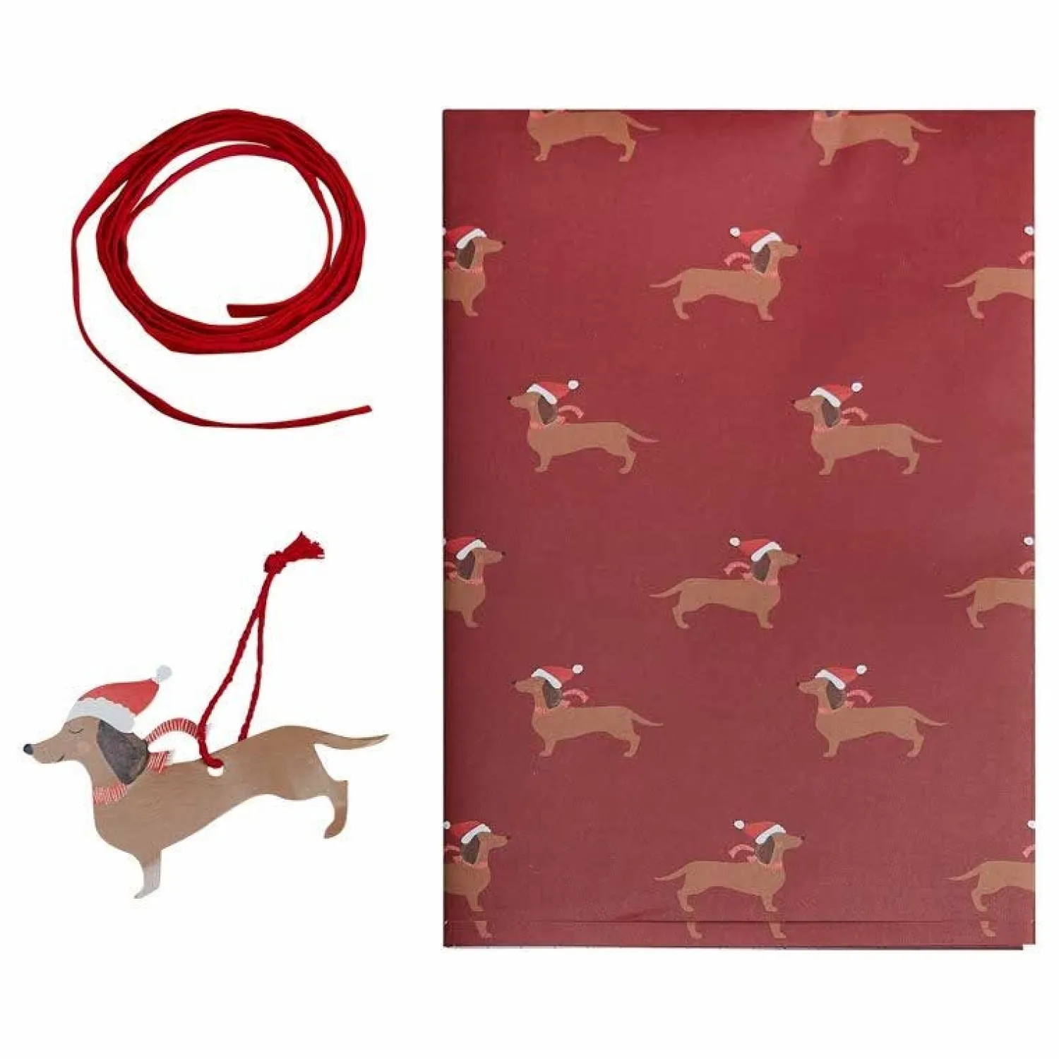 Sausage Dog Christmas Wrapping Paper Kit - 2 Sheets (70Cm X 50Cm) With Tags & Ribbon<Party Delights Discount