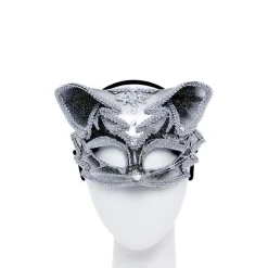 Party Delights Silver & Black Jewelled Cat Masquerade Mask< Masks