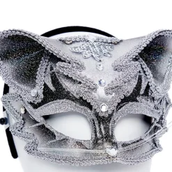 Party Delights Silver & Black Jewelled Cat Masquerade Mask< Masks