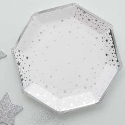 Silver Foil Star Paper Plates - 23Cm (8Pk)<Party Delights Clearance