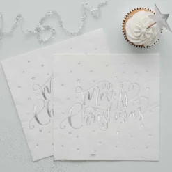 Silver Foiled Merry Christmas Paper Napkin - 33Cm (20Pk)<Party Delights Best