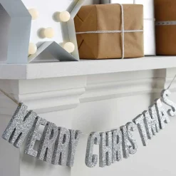 Party Delights Silver Glitter Merry Christmas Wooden Bunting - 70Cm< Banners
