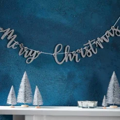 Silver Glitter Merry Christmas Wooden Banner - 1M<Party Delights Outlet