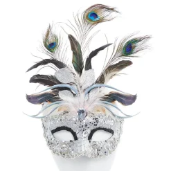 Party Delights Silver Masquerade Mask With Glitter & Peacock Feathers< Masks