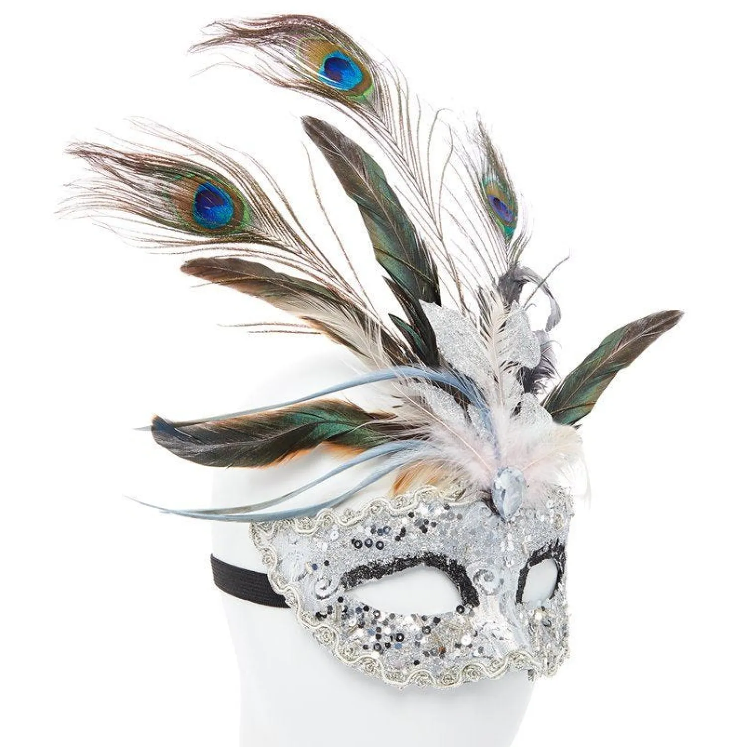 Party Delights Silver Masquerade Mask With Glitter & Peacock Feathers< Masks