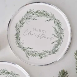 Silver Wreath Merry Christmas Paper Plates - 25Cm (8Pk)<Party Delights Hot