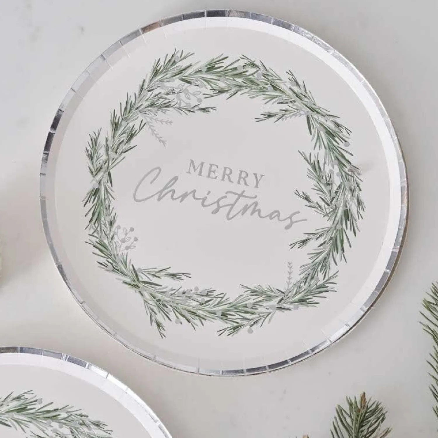 Silver Wreath Merry Christmas Paper Plates - 25Cm (8Pk)<Party Delights Hot